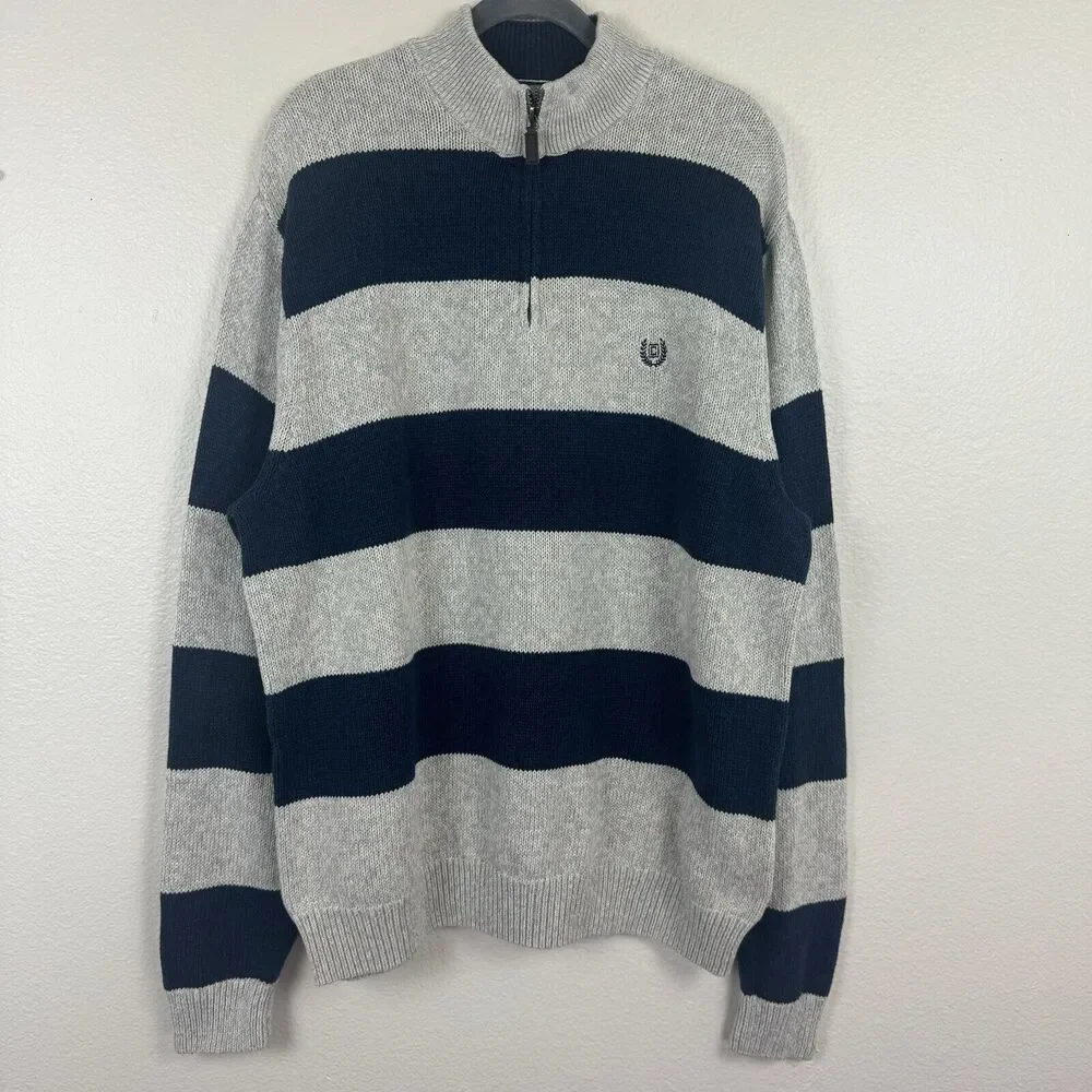 Chaps Ralph Lauren 1/4 Zip Pullover Knit Sweater Cotton Blue Beige Stripe XXL